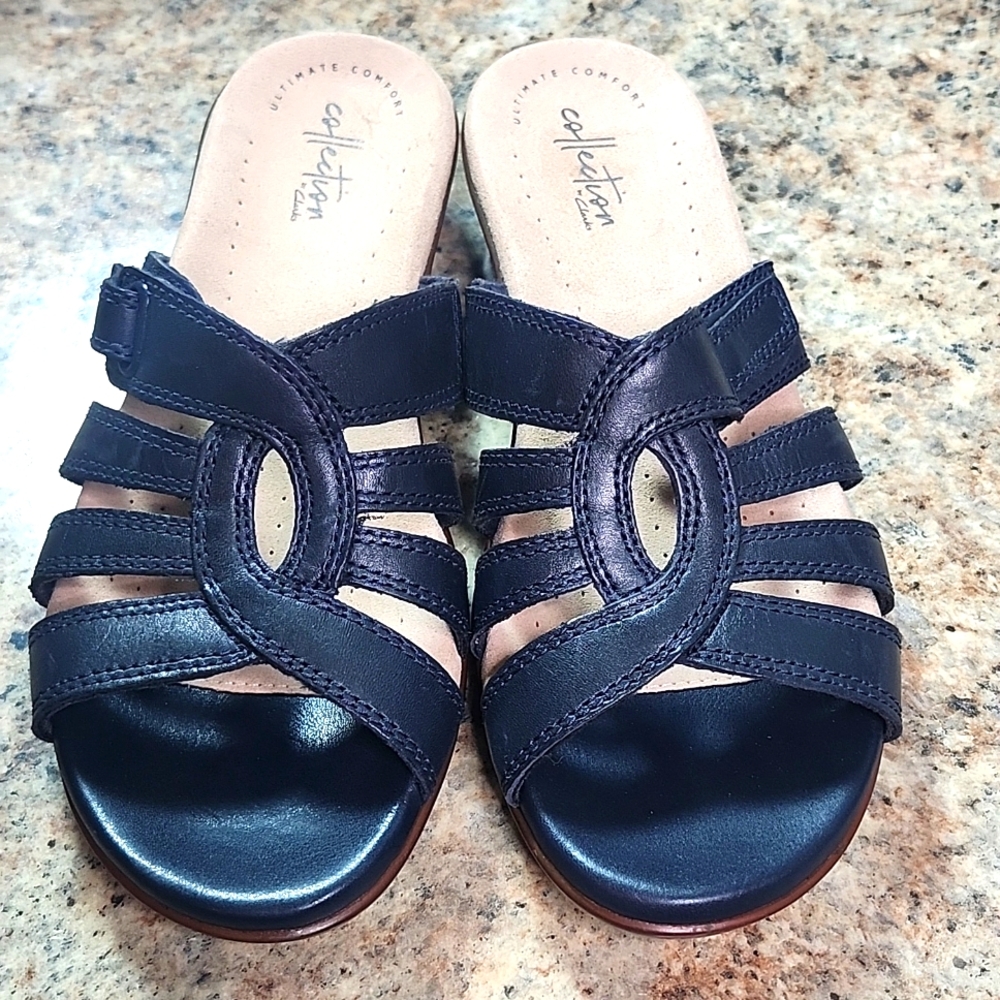 Clarks Collection Navy Women's Slip on Sandals with Stitch Detail Size 7